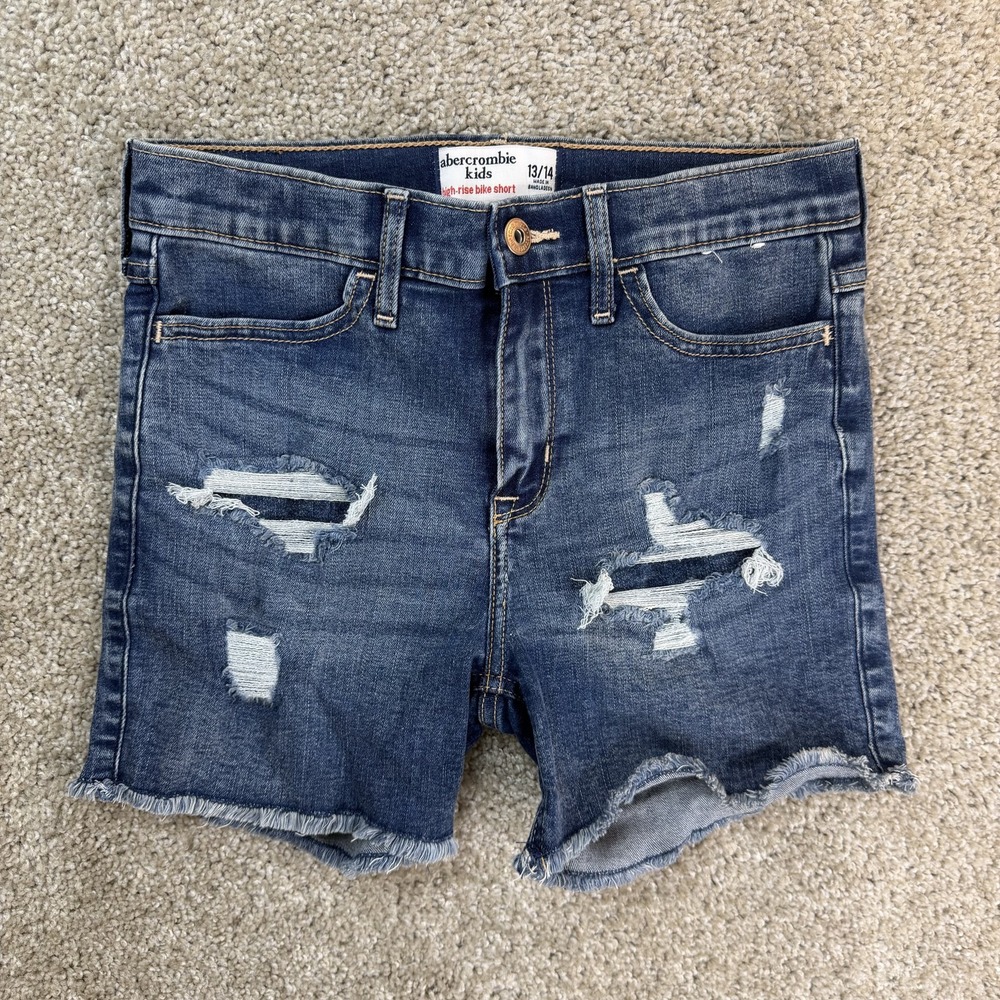 Abercrombie Kids Shorts Girls 13/14 Blue Denim High-Rise Bike Distressed Raw Hem